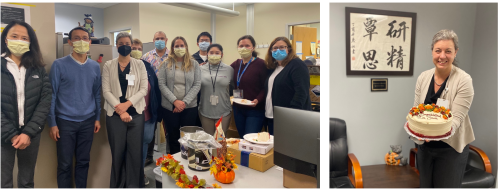 Two photos side by side. Laboratory staff standing around a celebration and Dr. Sowa posing with a cake.